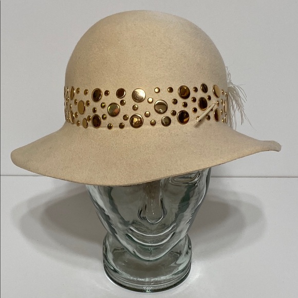 Vintage Adolfo II Gold Studded Wool Hat with Feather - Picture 4 of 15